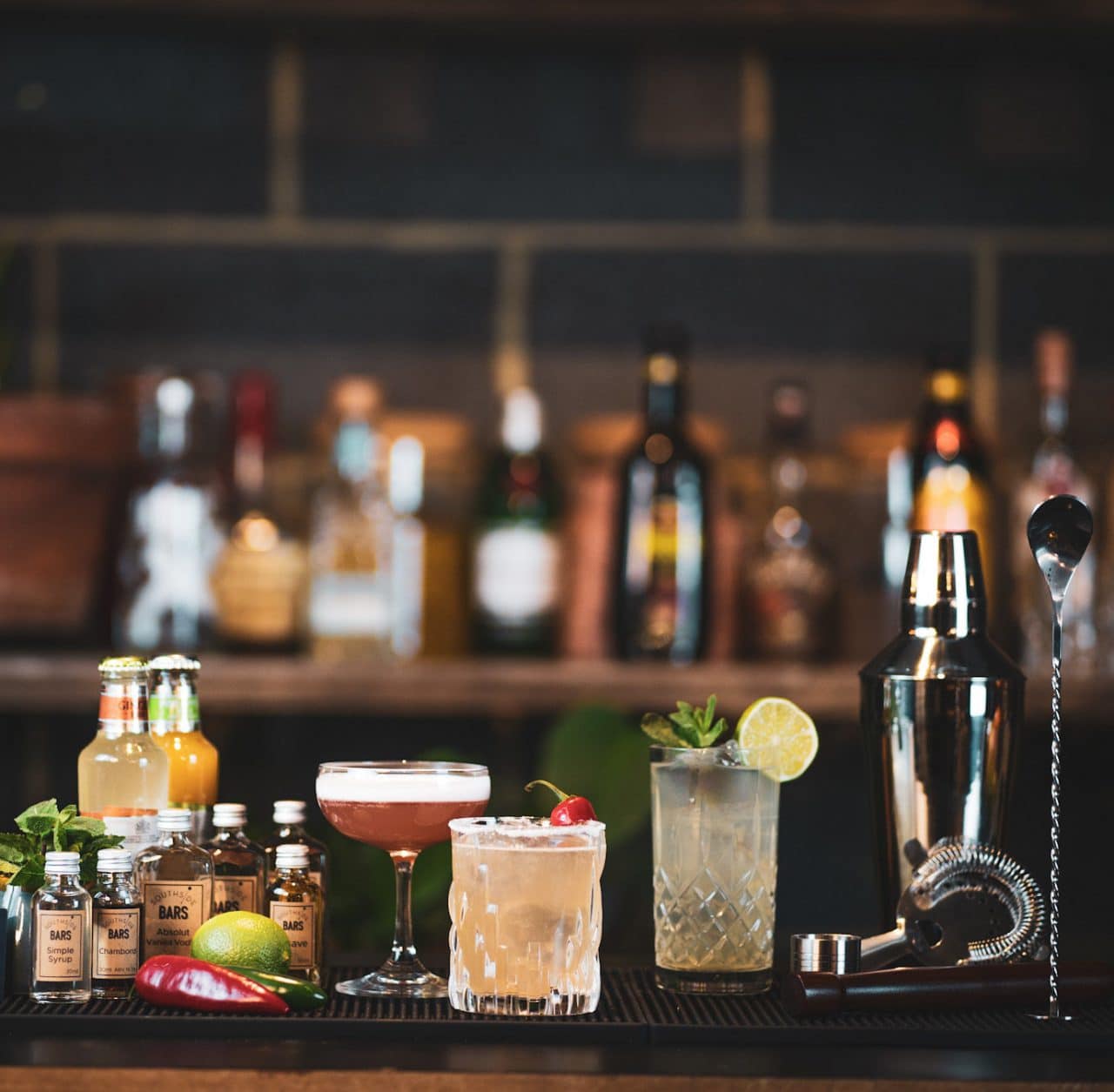 Drinks on a bar.